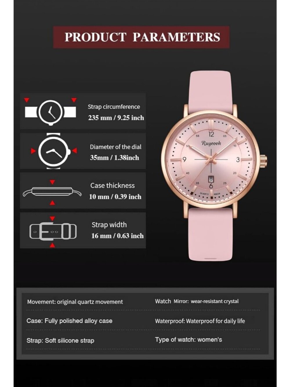 Women's All Pink Analog Quartz Silicone Band Calendar Date Display Wrist Watch - Picture 5 of 6